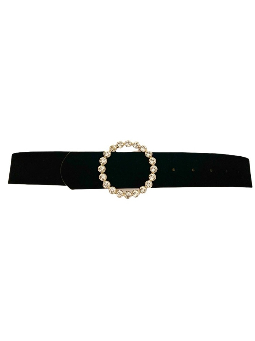 Zara Black Velvet Belt with Circular Rhinestone Buckle - One Size
